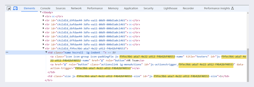 Viewing GUIDs in the developer tools.