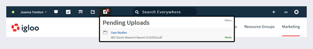 Viewing pending uploads via the userbar.