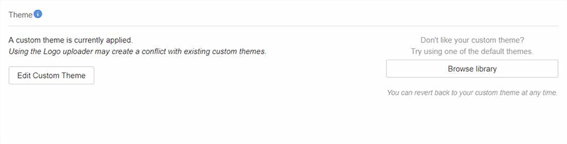 The theme section of the Appearance page when a custom theme is used