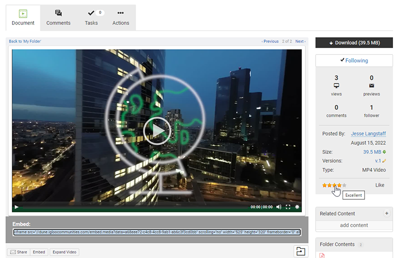 The embed code below a video preview.