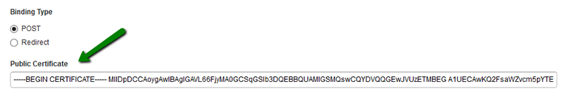 The Public Certificate field on the Sign-on Settings page.