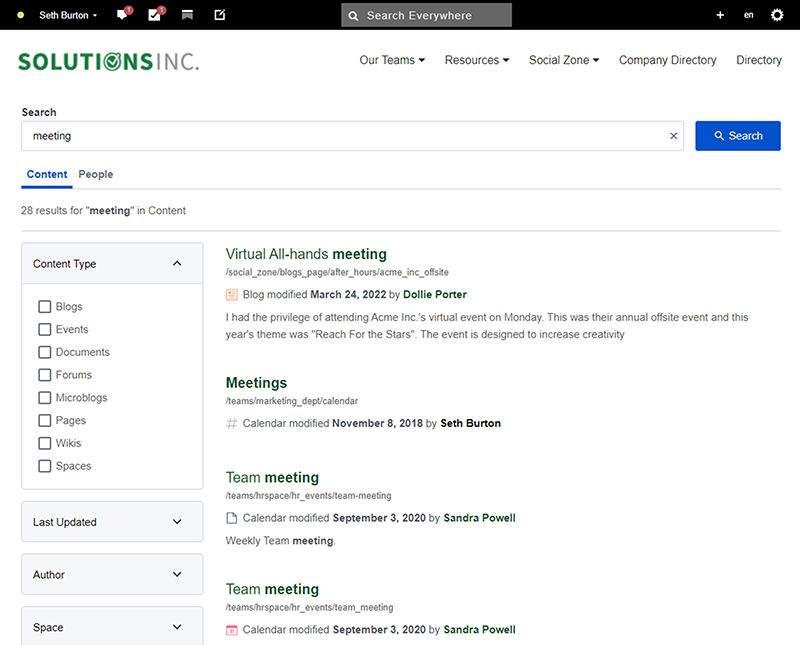 The search results page showing the content results for the search query of meeting.
