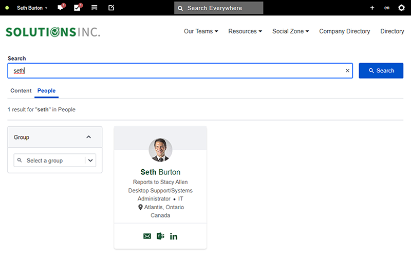 The search results page showing the people results for a search query of seth.