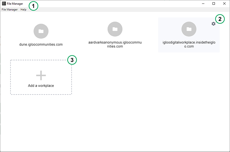 File Manager workplace selection screen. Descriptions of the labeled components are immediately below this image.