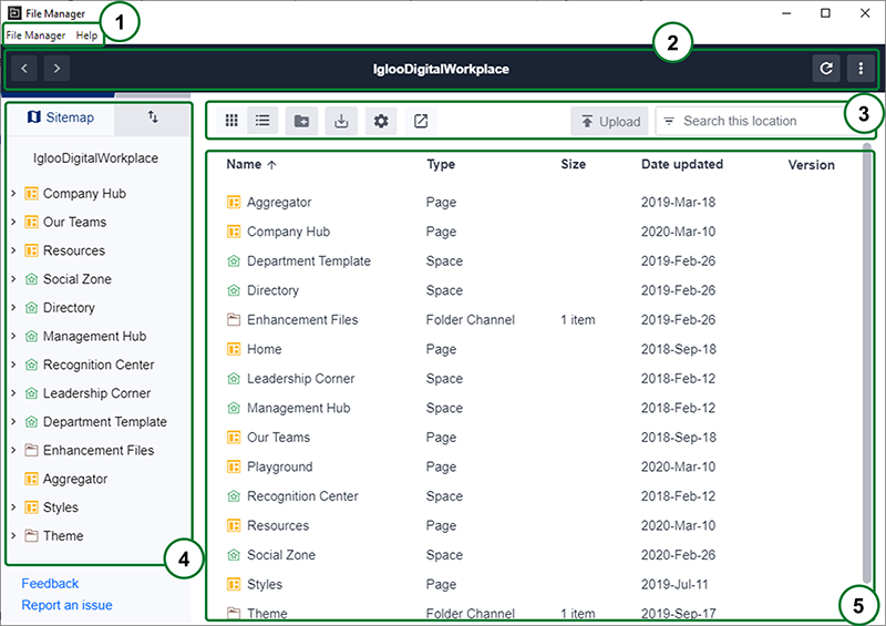 Browsing a digital workplace with the File Manager. Descriptions of the labeled components are immediately below this image.