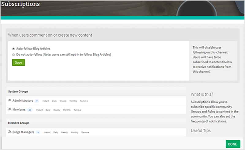 The Subscriptions page of content.