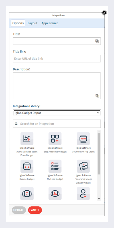 The Integration widget connected to the Gadget Depot library.