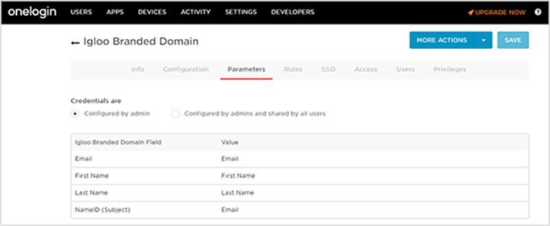 The parameters tab showing attribute mappings.
