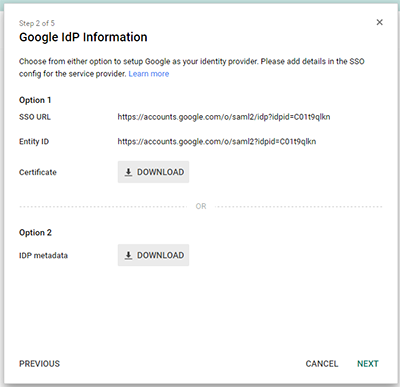 The Google IdP information window.