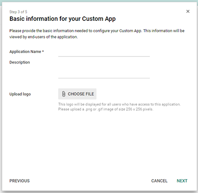 The Basic information for your Custom App page.