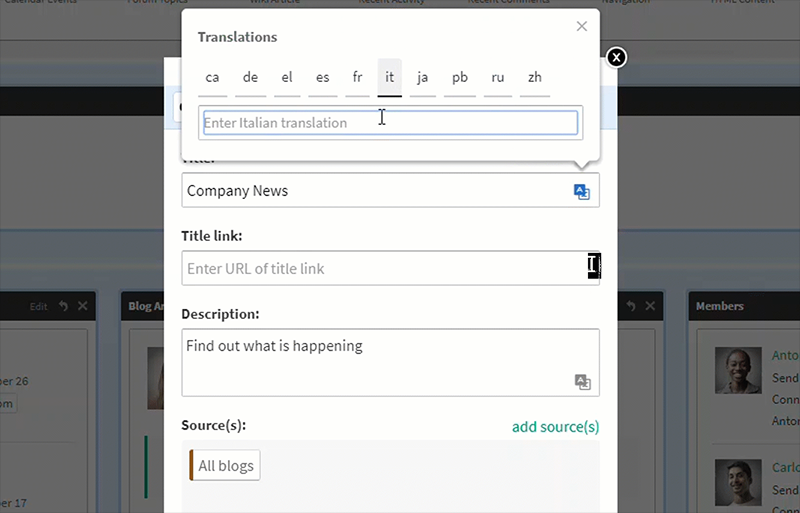 The language selector in a widget's configuration.