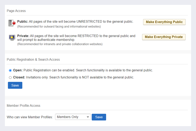 Option to make the workplace public or private.