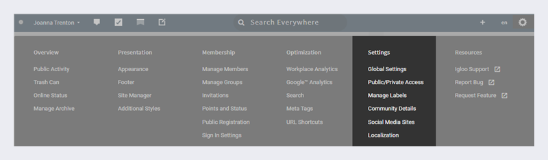 The settings section of the control panel.