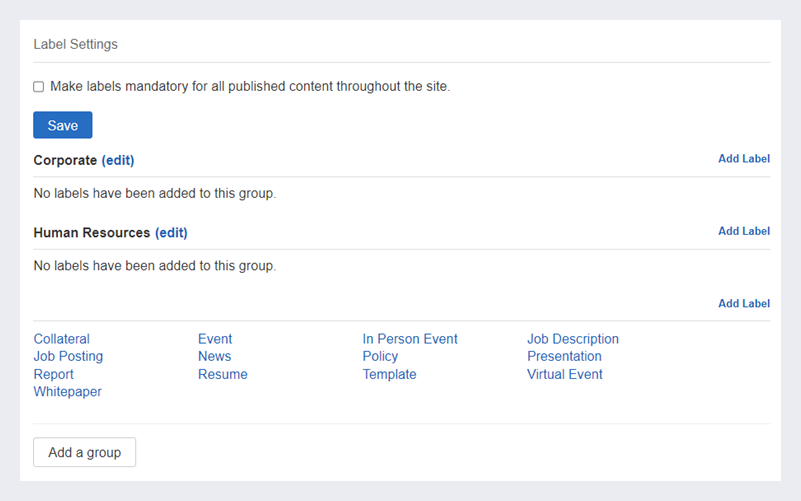The labels page of a digital workplace.