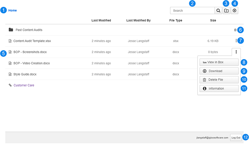 The Box integration widget with its components labeled. See the Legend section below for a description of each component.