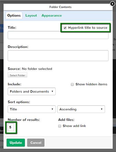 The hyperlink title and number of results settings on the Options tab.