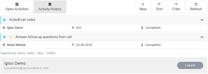 The Salesforce Activities widget showing activity history.