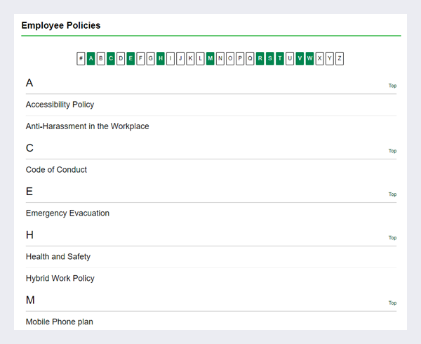 A Wiki Index widget displaying a list of articles from an Employee Policies wiki.