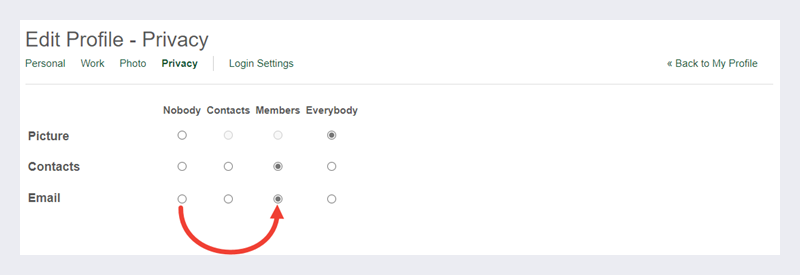 Changing email privacy from Nobody to Members.
