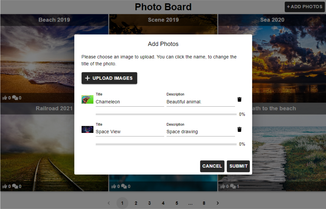 Gadget in photo board view and upload image dialog window.