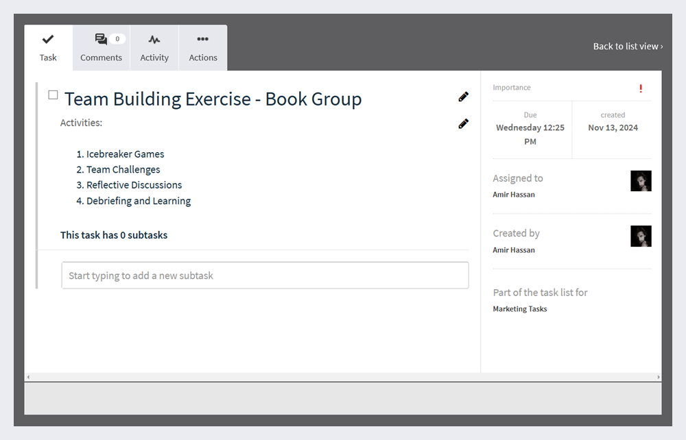 An example task about a team building event.