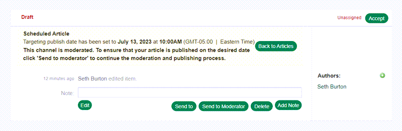 Draft scheduled content that still requires to be sent to moderation before it published at the scheduled time.