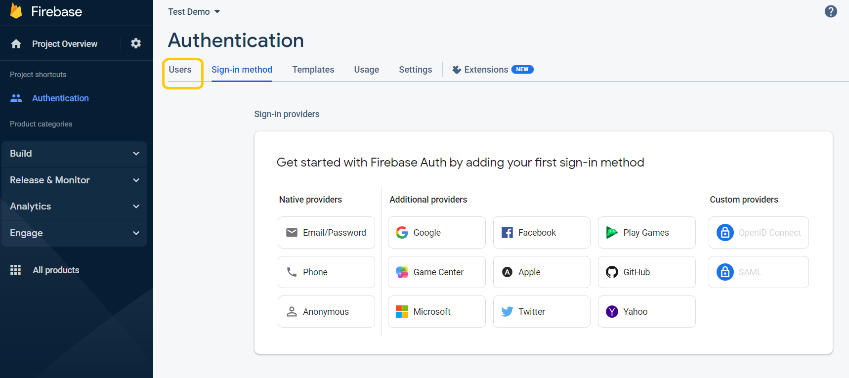 The Users tab is accessed from the the top of the Authentication page.