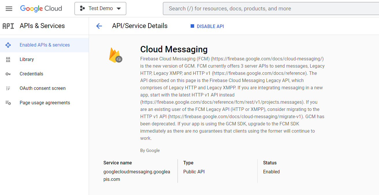 Example of succesfully enabling Google Cloud Messaging