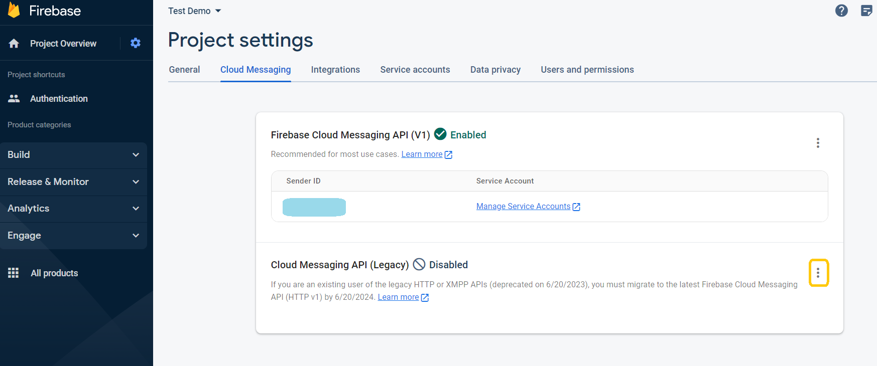 The Cloud Messaging tab is accessed from the the top of the Project settings page.
