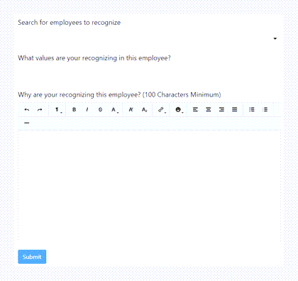 The Submission gadget prompting who to recognize, what values to recognize them for, and an explanation.