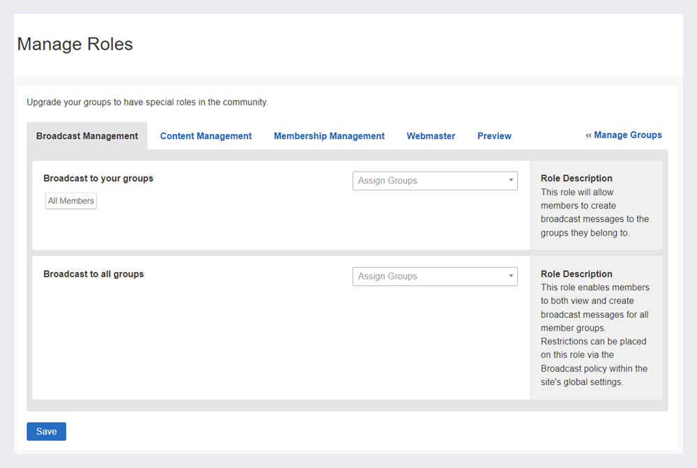 The Manage Roles page of a digital workplace.