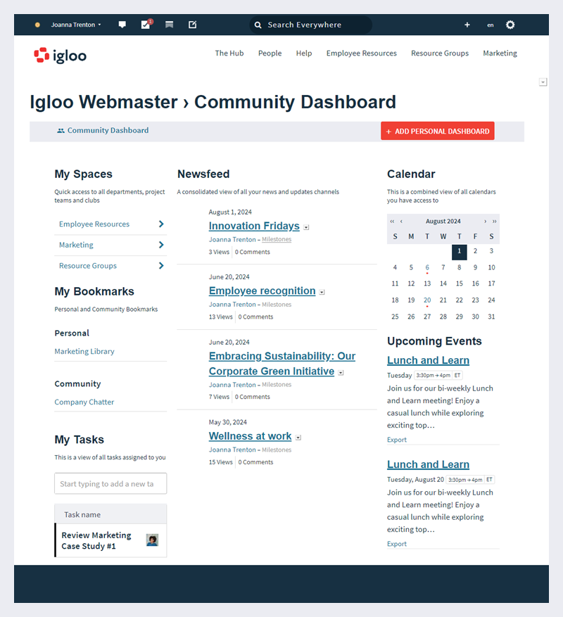 A Community dashboard that highlights recent activity in the digital workplace.