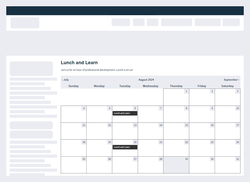 Calendar Events widget on a page in monthly layout.