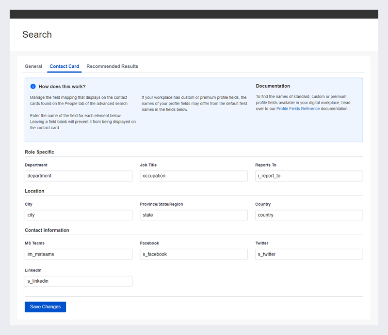 Control Panel's Search page's Contact Card page.