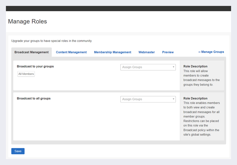 Control Panel's Manage Role page.