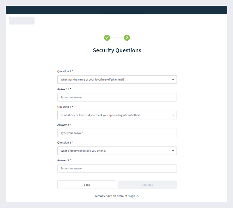 Entering three security questions.