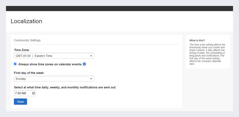 Control panel's Localization page. 
