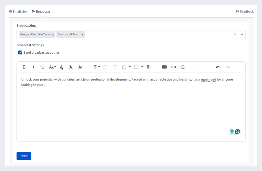 The broadcast editor for existing blog articles.
