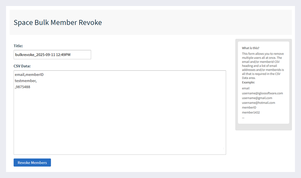 Space Administrator's Bulk Member Revoke Page.