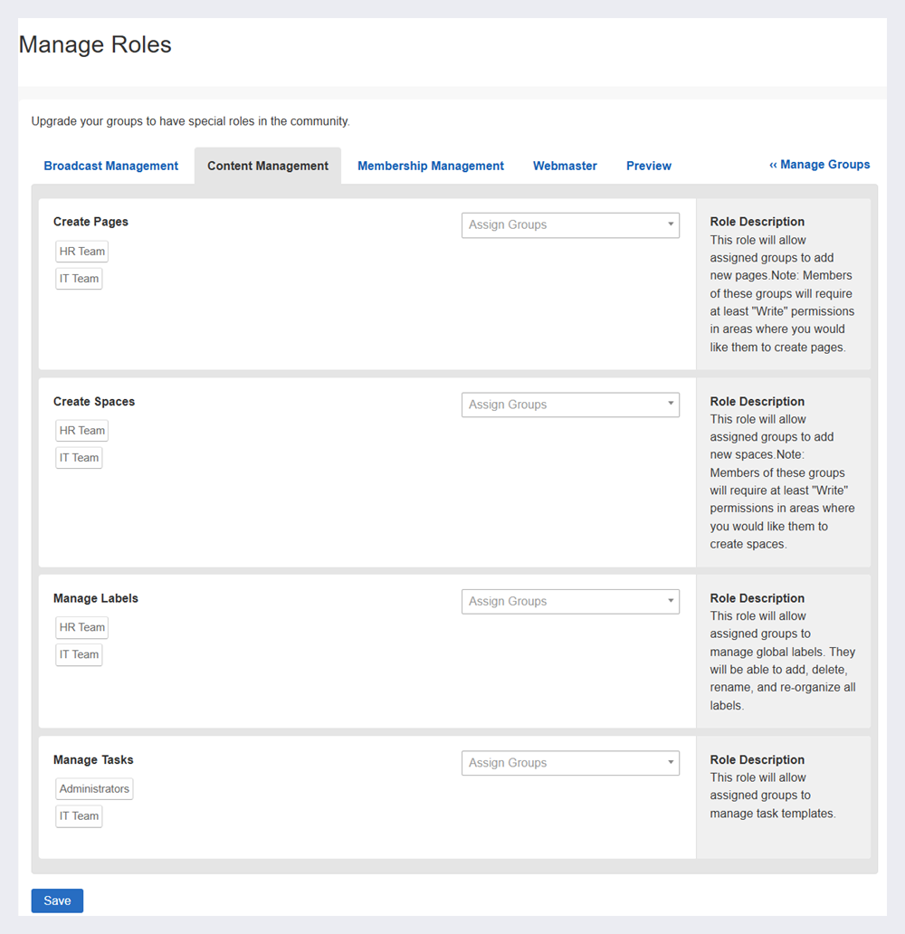 Content Management tab on the Manage Roles page.