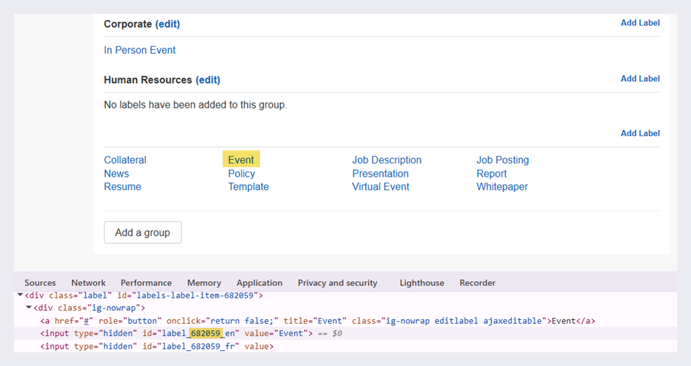 Manage Labels page with Inspector showing label ID.