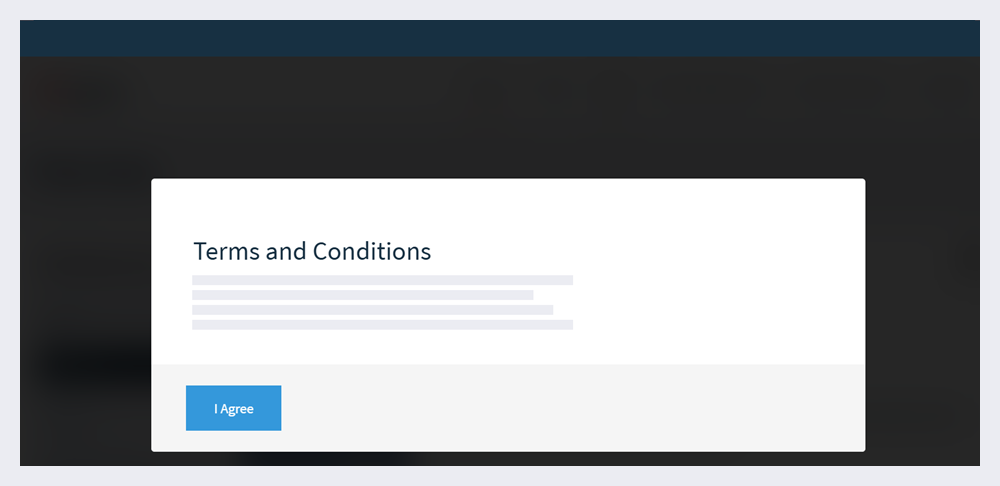A terms and conditions pop-up prompting users to agree with them in order to proceed.