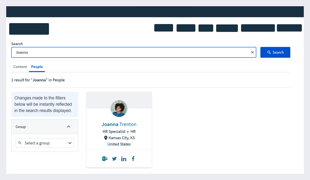 The Search Results page showing the people results for a search query of Joanna.
