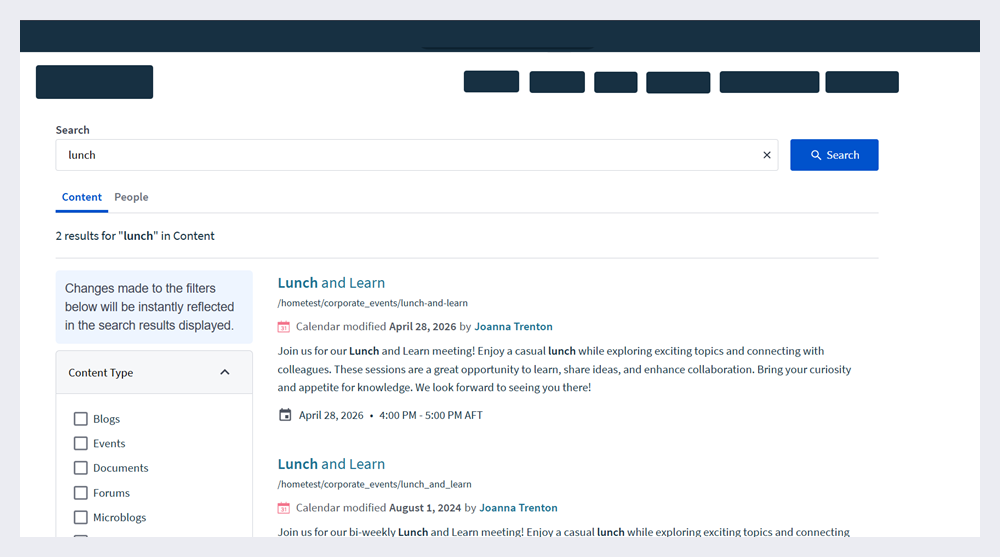 The search results page showing the content results for the search query of lunch.