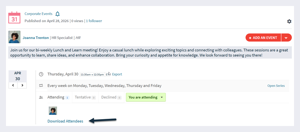The Download Attendees link appears below the attendees section of an event.
