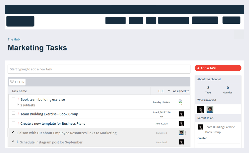 Tasks channel with marketing tasks.