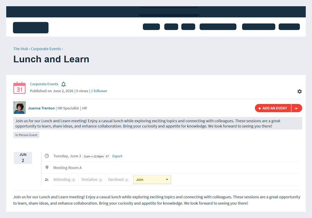 A calendar event in a digital workplace.