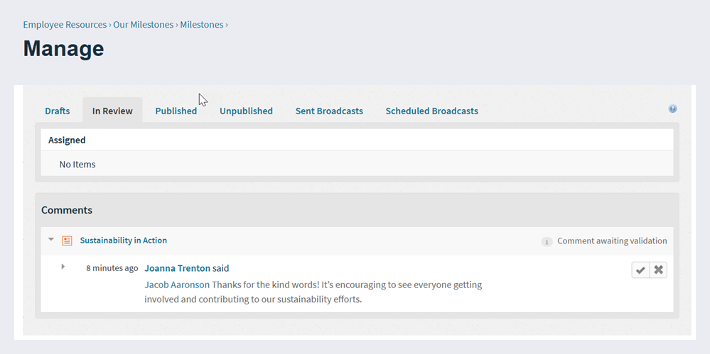 The In Review tab of the Manage page.