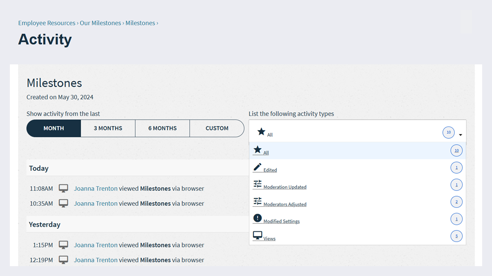 The filters section of the Activity page.