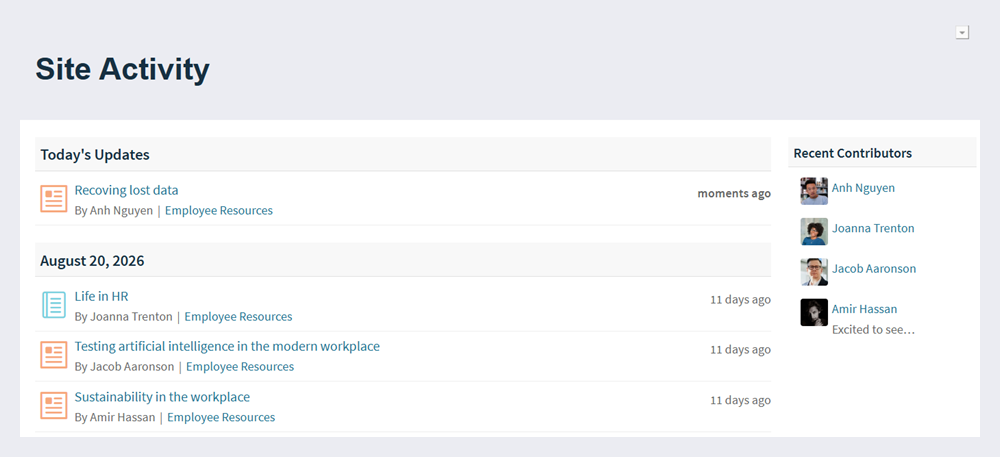 Digital workplace's Site Activity page.